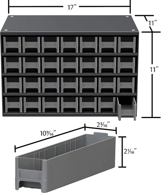 Akro-Mils Steel Garage Storage Cabinet, Small Parts Organizer Metal Cabinet for Hardware, Nails, Screws, Bolts, Nuts, and More, 17" W x 11" D x 11" H, 28-Drawer, Gray Cabinet/Black Drawers (19228)