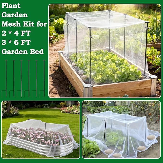 Metal Garden Netting Kit, 6 Pack 2.6ft Raised Garden Bed Net Support Stakes with 13×10ft Fine Mesh Insect Netting 12pcs Clips Bird Barrier Screen Cover for Protect Plant Vegetable Row from Animals Bug