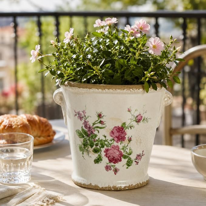 Dosayes Vintage Ceramic Flower Pot with Drainage Holes and Handle,Ice Crack Country Rustic Planters for Indoor Outdoor,Tuscan Decor,Home and Garden Decor,Gardening Present