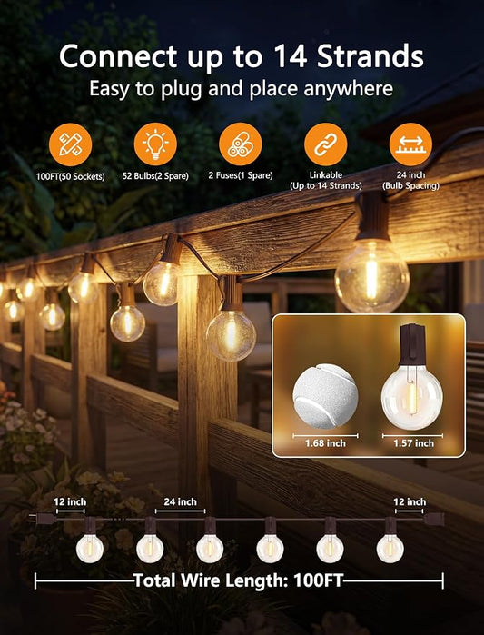 SUNSGNE 100FT Brown Outdoor String Lights, Shatterproof LED Globe String Lights with 50 G40 LED Bulbs, Waterproof Connectable Hanging Light for Backyard Patio Porch Balcony Party Decor, E12 Base