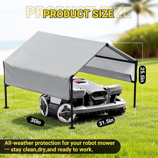 Robot Mower Garage + Waterproof Cover, 32"x30"x26" | Heavy Steel Frame | Thickened 600D Oxford Fabric Sun Resistant Dustproof Shelter, Fits Husqvarna, Mammotion, Segway, WORX, ECOVACS, MOVA & more