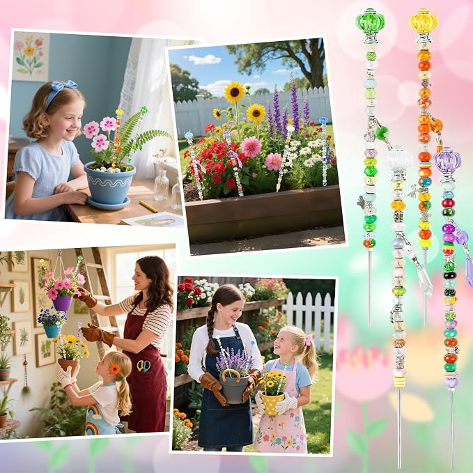 184 Pcs DIY Beaded Garden Stakes Kit with Crystal Stoppers | Garden stakes kit with beads colorful crystal stoppers, DIY fairy wands, garden decor, outdoor crafts