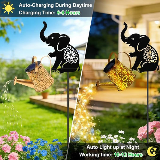 VOOKRY Solar Lights Outdoor,Watering Can with Elephant Silhouette Stake | Garden Gifts for Mom,Women&Garden Lovers Waterproof Metal Garden Water kettle,Decorative Yard Patio Lawn Pathway Decor(1Pack)