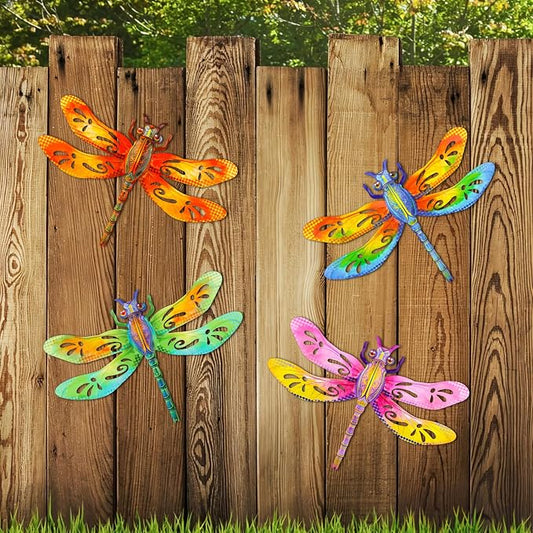 Metal Dragonfly Wall Decor, 4Pcs Dragonfly Iron Wall Art Sculptures Hanging Sculpture Decoration.Outdoor Fence Art 13.58 * 9.45 Inch for Home Garden, Fence, Patio, Yard, Bedroom Outside Gifts for Adults