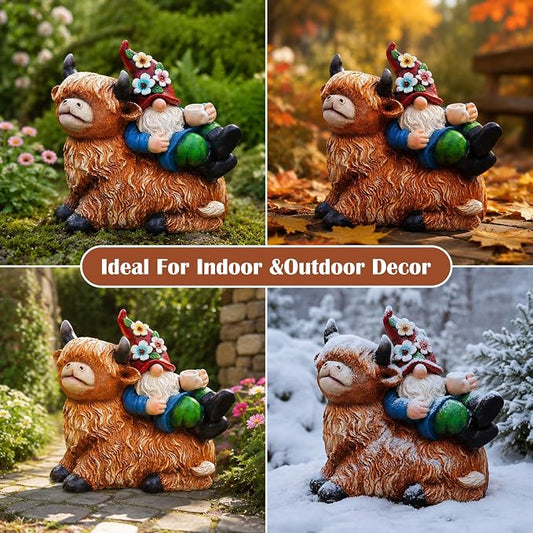 Pohabery Garden Gnomes Decor Outdoor Statues, Gnome on Highland Cow with Solar Cup Light, Patio Yard Decor, Gift for Mom Women Garden Lovers(M