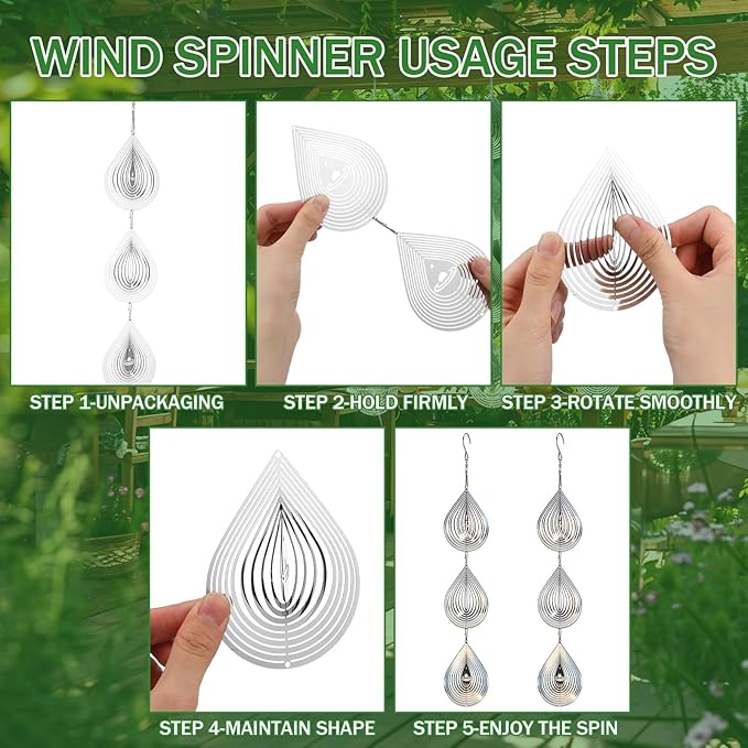 24 pcs Stainless Steel Bird Deterrents for Outside 3D Wind Spinners Outdoor Decor Reflective Bird Scare Discs Devices Deterrents Shiny Metal Reflectors Decor to Keep Woodpeckers Away(Teardrop)