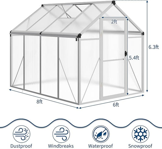 6X8 Ft Polycarbonate Greenhouse Sunroom with Aluminum Frame, Outdoor Greenhouse for Vegetables Herbs Flowers, Lockable Door & Adjustable Roof Vent, Patio Backyard Greenhouse Kit for Gardening, Silver