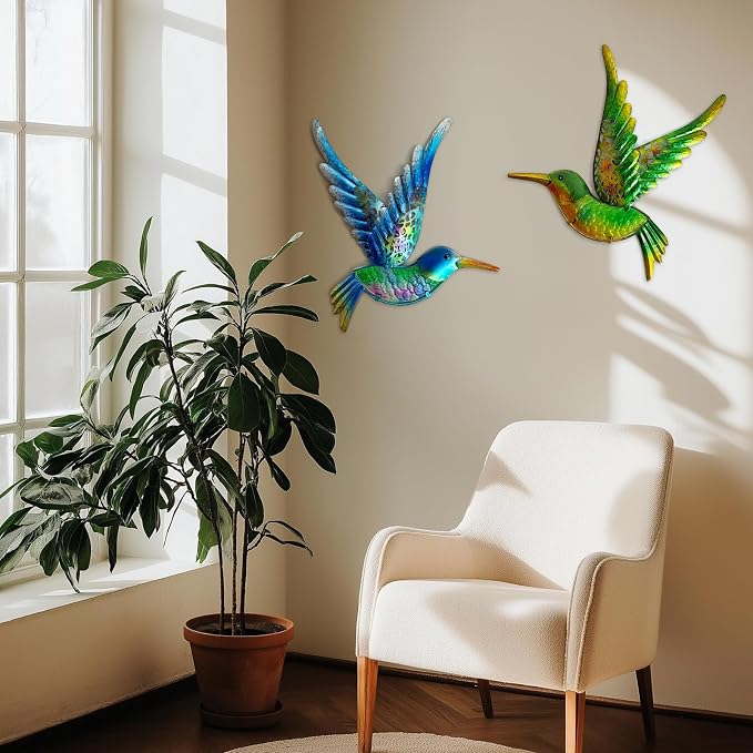 HONGLAND Metal Hummingbird Wall Art 12inch Metal Birds Wall Sculpture Garden Decoration Outdoor Statue Patio Fence Hanging Plaques 2 Pack(Blue-Green)
