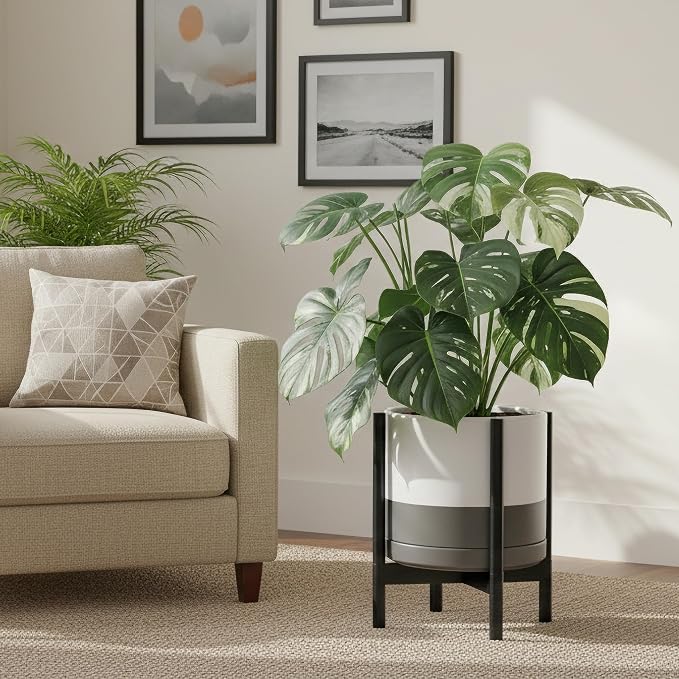 D'vine Dev Ceramic Planter with Ebony Stand - 14 Inch Modern Round Flower Pot with Wood Planter Holder, White/Grey, 55-B-S-6