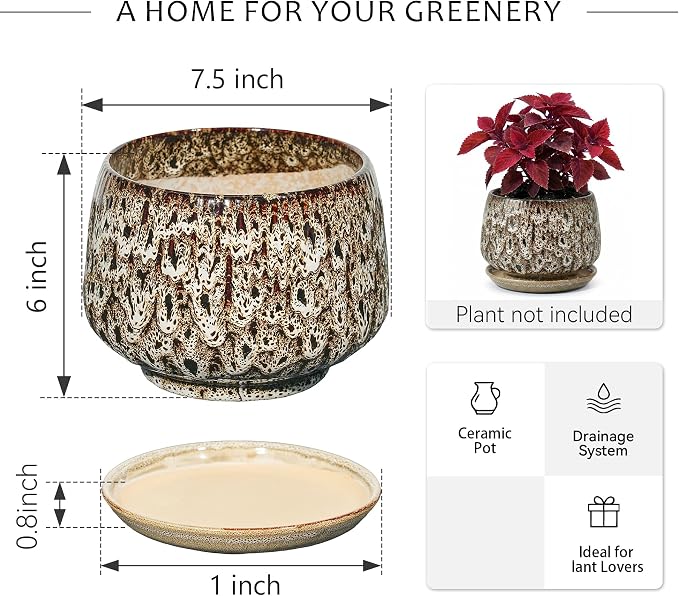 7.5 Inch Ceramic Planter with Saucer,Modern Garden Pots with Drainage Hole Mesh Net, for Indoor Outdoor Use(Speckle White)