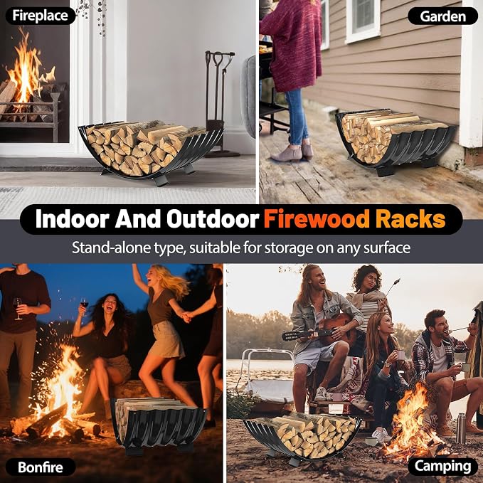 Metal Firewood Rack Outdoor By Fire Pit/Steel Logs Storage Indoor Beside Fireplace-with Metal Legs,Rustproof,Durable & Stylish Firewood Holder (Sector, 32 Inches Diameter)