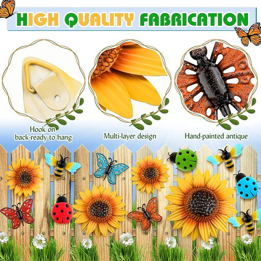 Sweetude 12 Pcs Metal Sunflower Wall Decor Colorful Metal Dragonfly Butterfly Outdoor Decor Garden Fence Patio Yard Flowers Wall Art Summer Flowers Hanging for Home VBS 2026(Novelty Style)