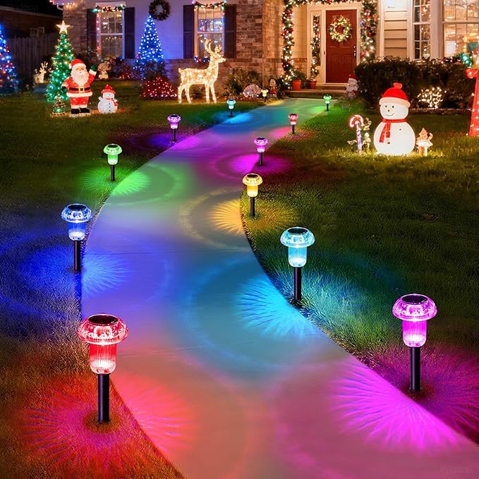 Priddop Solar Lights Outdoor Waterproof 12 Pack Color Changing LED Mushroom | Garden Pathway Yard Patio Walkway Landscape Path Lights, Acrylic ABS, Ground Patterns, Replaceable Battery, Christmas Decor