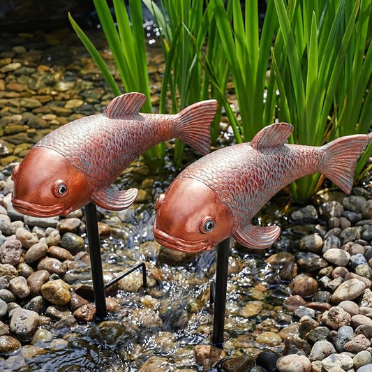 Set of 2 Antique Koi Statue - Resin Real Fish Garden Sculpture, Elegant Live Fish Pond Decor for Patio, Backyard,Unique Outdoor Ornaments