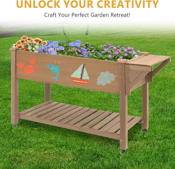 ketive Raised Garden Bed with Lockable Wheels Mobile Elevated Wood Planter,Storage Shelf, Protective Liner,55.5x24x32in (Brown)