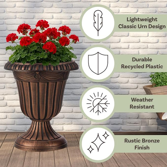 Outdoor Planter 2-Pack - 16x18-Inch Urn Planters for Front Porch Decor, Indoors, Patio or Entryway - Plastic Plant Pots - Large Decorative Flower Pots by Pure Garden (Rustic Bronze)