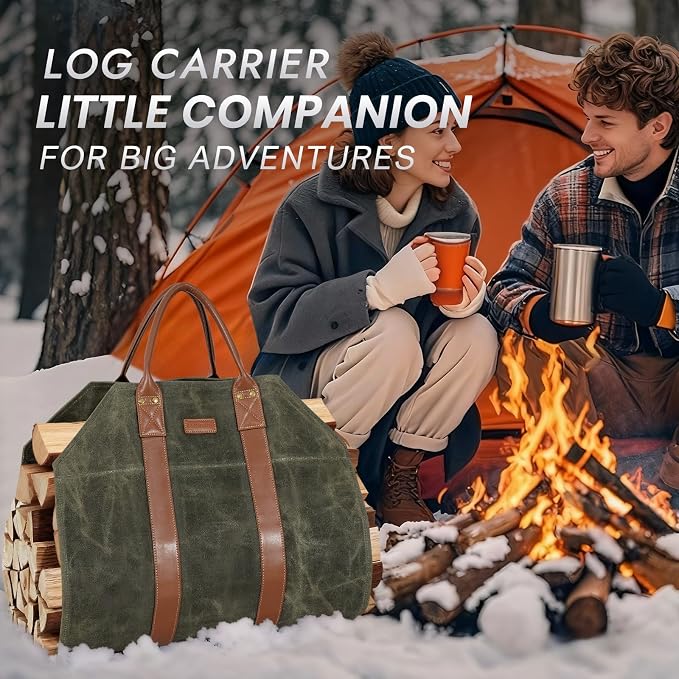 INNO STAGE Canvas Log Carrier Bag,Durable Wood Tote,Fireplace Stove Accessories,Extra Large Firewood Holder with Handles for Camping (39" L x 18" W-Green)