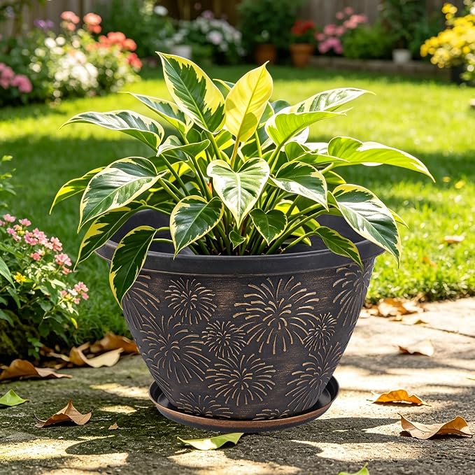 Nooulap 4 Pack 10 Inch Flower Pots with Drainage Holes and Saucers, Plant Pots for Indoor Outdoor Plants,Antique Gold Firework Embossed Plastic Planters for Balcony Patio Porch Garden Decor