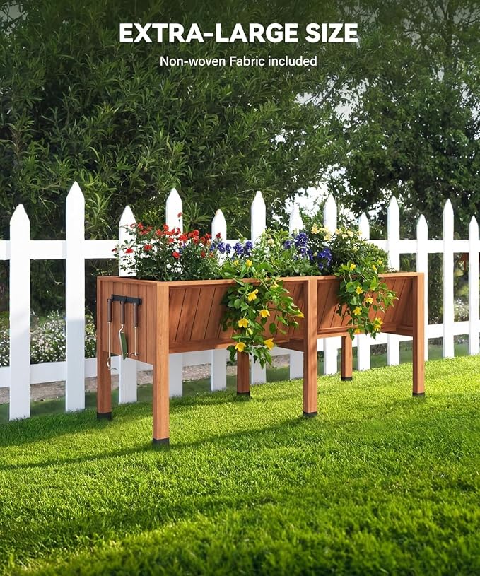 KYBOLT 72x26x31 Inch Raised Garden Bed with Legs, 13.7In Depth Wooden Planter Box for Outdoor Growing Vegetables and Herbs, Elevated Garden Bed with Hooks for Backyard, Patio, Balcony