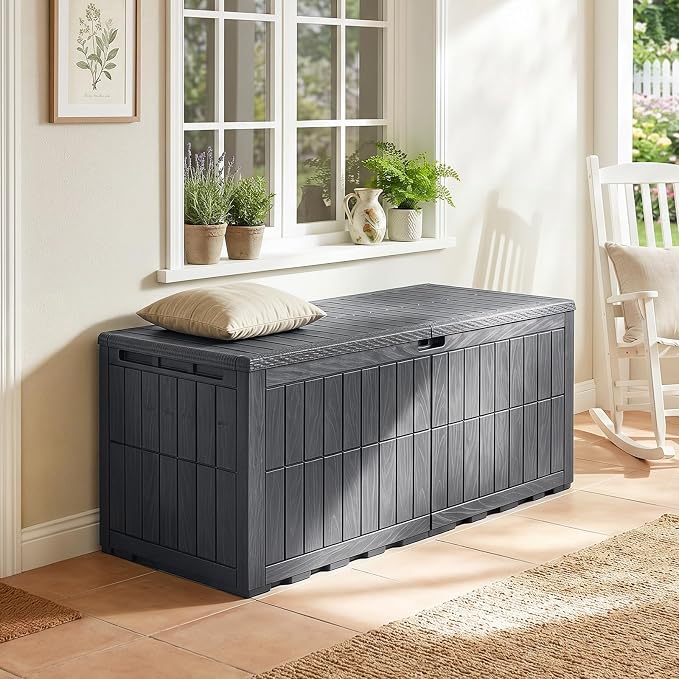 Tangkula 180 Gallon Outdoor Storage Box, Waterproof PP Resin Patio Storage Box with Lockable Lid for Indoor & Outdoor Use, 2-in-1 Rattan Design Deck Box for Cushions, Garden Tools