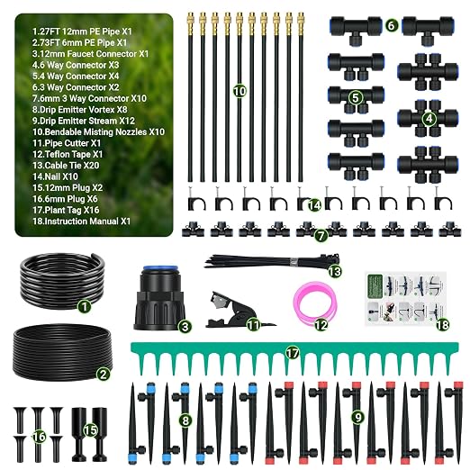 100FT Drip Irrigation Kit, Automatic Garden Watering System with Quick Connect PE Tubing, 2026 New Upgraded Water-Saving Design, 3 Adjustable Nozzles for Yard, Greenhouse, Lawn & Raised Bed