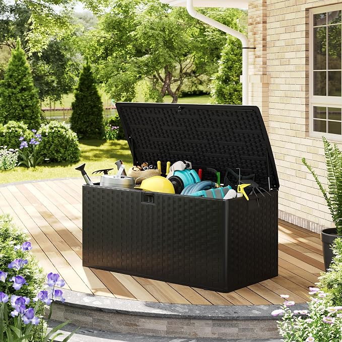 IDEALHOUSE 100 Gallon Resin Deck Box, Waterproof Outdoor Storage Box with Lockable Lid & UV Resistant, Patio Furniture Cushion Storage Container for Garden, Backyard, Poolside (Black)