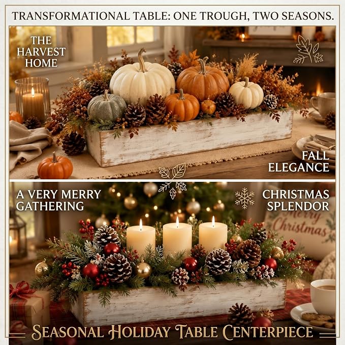 Dandat 5 Set Wood Boxes for Centerpieces 16x4 Inch Rectangle Wooden Planter Box Rustic Wooden Planters with Removable Plastic Liner Floral Foam Blocks for Christmas Wedding Home Garden Decor(White)