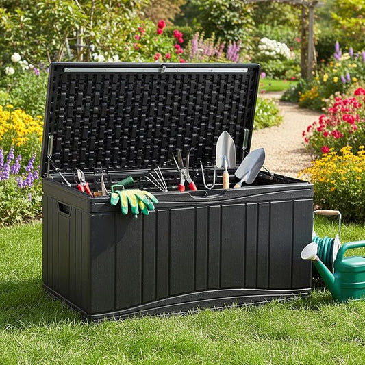 Tangkula 80 Gallon Outdoor Storage Box, Large HDPE Resin Patio Storage Box with Gas Struts & Lockable Lid, 2-in-1 Waterproof Deck Box for Package Delivery, Garden Tools, Outdoor Cushions