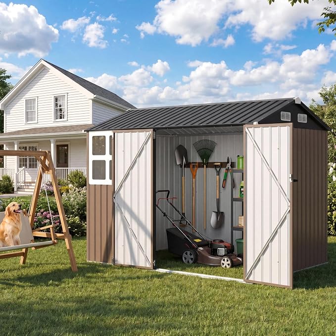 IRONCK 8.4x6.1FT Outdoor Storage Shed with Clear Window, Tool Shed, Brown | Lockable Doors, Breathable Ventilation, 8x6 FT Base, Outdoor Shed For Generators/Bikes/Wheelbarrows