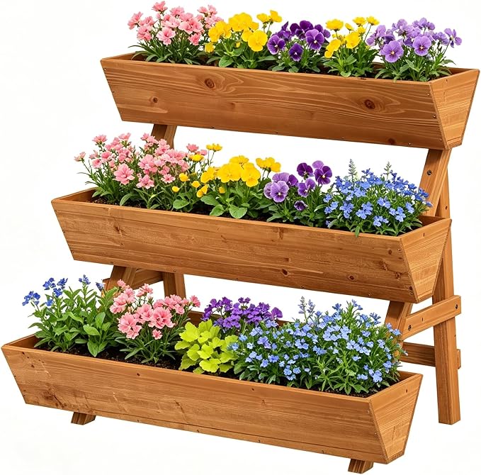 3-Tier Vertical Wooden Raised Garden Bed, Freestanding Garden Planter Box, Wood Flower Rack, Planter Box for Herbs, Vegetables, Outdoor Indoor Use, Large-Brown