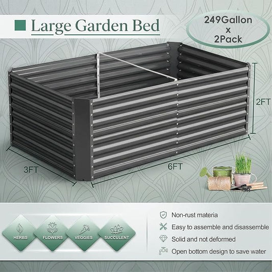 Land Guard 2 Pack 6×3×2 ft Galvanized Metal Raised Garden Bed, 2FT Deep Root Elevated Planter Box Steel Large Vegetable Flower Bed Kit, Gray