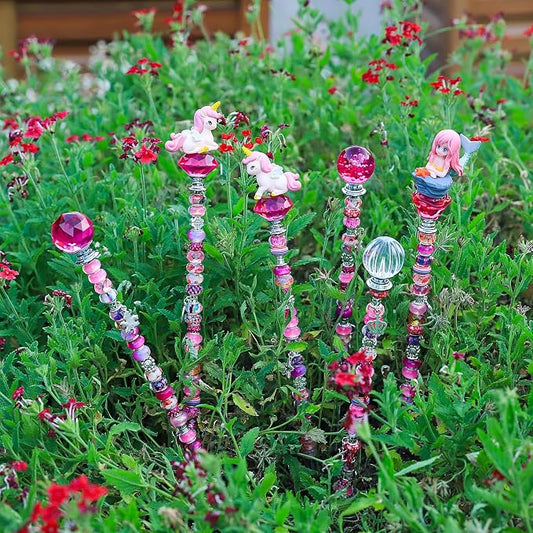 AIPRIDY DIY Crystal Beaded Fairy Wand Garden Stakes Kit, Colorful Decorative Wands with Assembly Guide, 12 or 10 Inch Threaded Rods,Outdoor Garden Decoration Set (158, Rose Red+Hybrid Top)