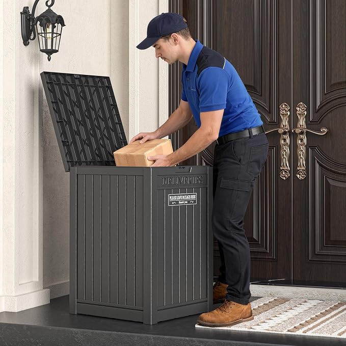 Package Delivery Box for Outside, Storage Box with Lockable Secure, Outdoor Resin Package Drop Container Waterproof for Backyard, Garden, Patio & Lawn, Black