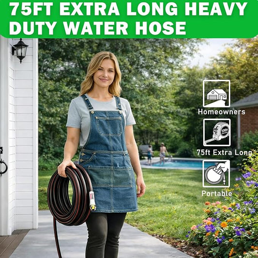 Garden Hose 75 Ft X 5/8 In. Heavy Duty Rubber Hose With Standard 3/4 Fittings Lead-in, Lightweight, Durable, Kink Free, Imitation Puncture Hose For All-weather Garden, Lawn Watering & Water Hos