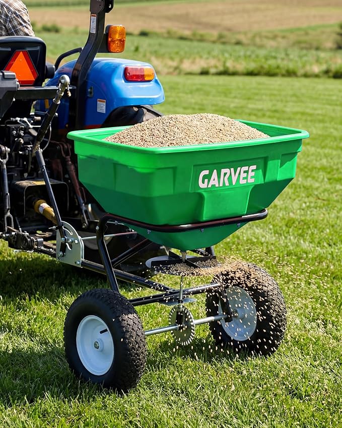 Tow Behind Broadcast Spreader, 125 LBS Large Capacity Universal Hook Tow & Push Lawn Spreader, 9.8 ft Spreading Width 30 Adjustable Settings, Compatible with UTV ATV Riding Mower & Most Tractors