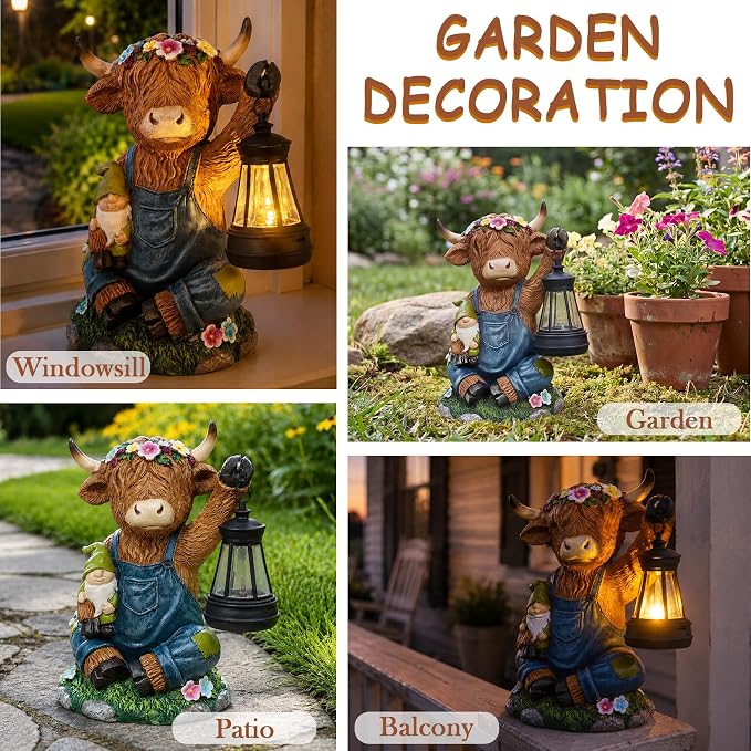 Solar Highland Cow Statue with LED Light - 6.6" Resin Scottish Cow Lantern Figurine, Farmhouse Animal Garden Decor for Pasture Patio Lawn Yard Outdoor Indoor, Housewarming Easter Gift for Women Mom