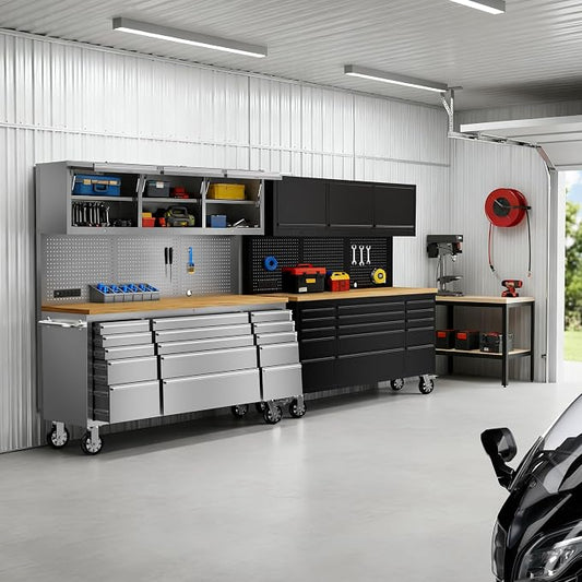 CHETTO C 72" Tool Cabinet Black Chest with 3 Upper Cabinets and 15 Drawers + 72" Tool Box Stainless Steel Mobile Rolling Workbench Large Tool Box Socket Lockable Storage Wheels for Garage 2 Pack