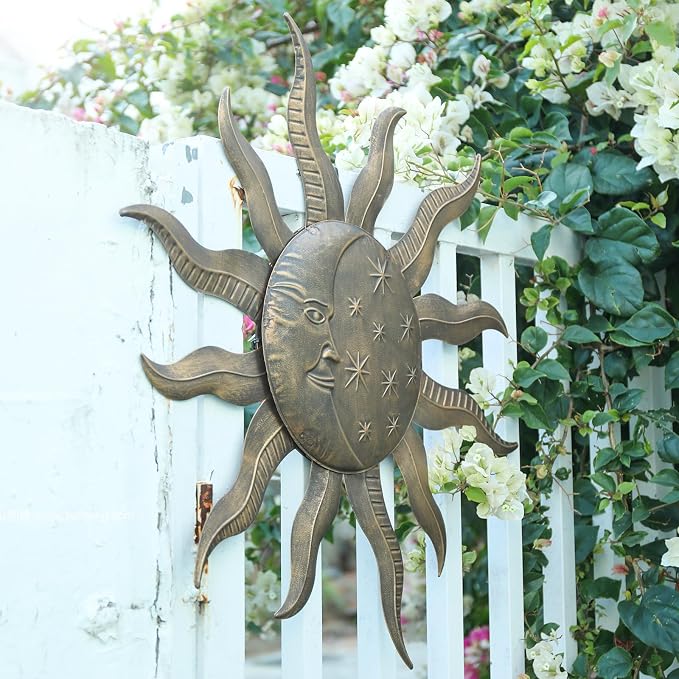 VCUTEKA 27" Sun Metal Wall Art Outdoor Decor Moon Wall Decoration Metal Wall Sculpture Hanging Garden Wall Art Wall Sculpture for Indoor Outdoor Patio Fence Decor Gold