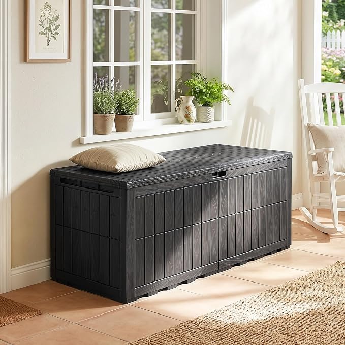 Tangkula 180 Gallon Outdoor Storage Box, Waterproof PP Resin Patio Storage Box with Lockable Lid for Indoor & Outdoor Use, 2-in-1 Rattan Design Deck Box for Cushions, Garden Tools