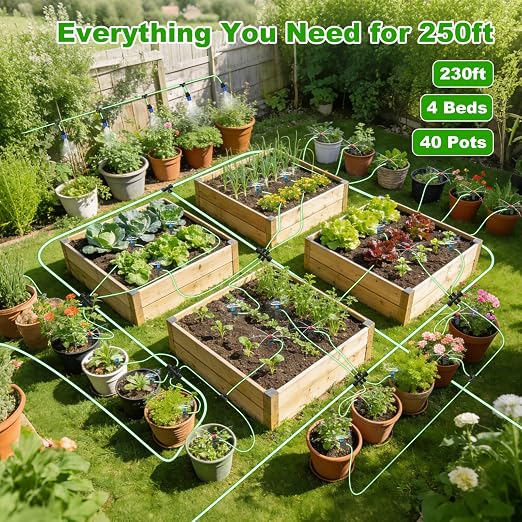236FT Drip Irrigation System Kit New Quick-Connect, Automatic Garden Watering Misting System for Greenhouse, Yard, Lawn, Plant with 5/16 inch Hose 1/4 inch Distribution Tubing and Accessories