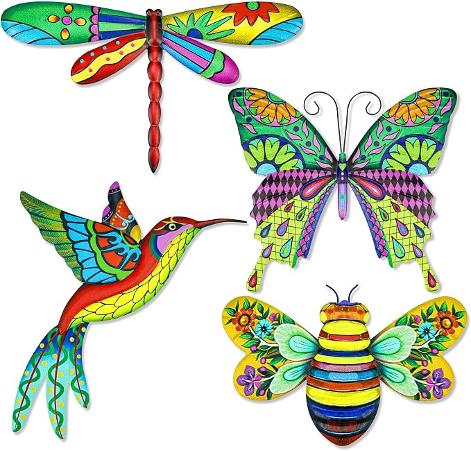 4pcs Metal Outdoor Wall Art Decor,3D Colorful Dragonfly+Hummingbird+Butterfly+Bee Hanging Decorations Ornament for Garden Fence,Patio,Yard