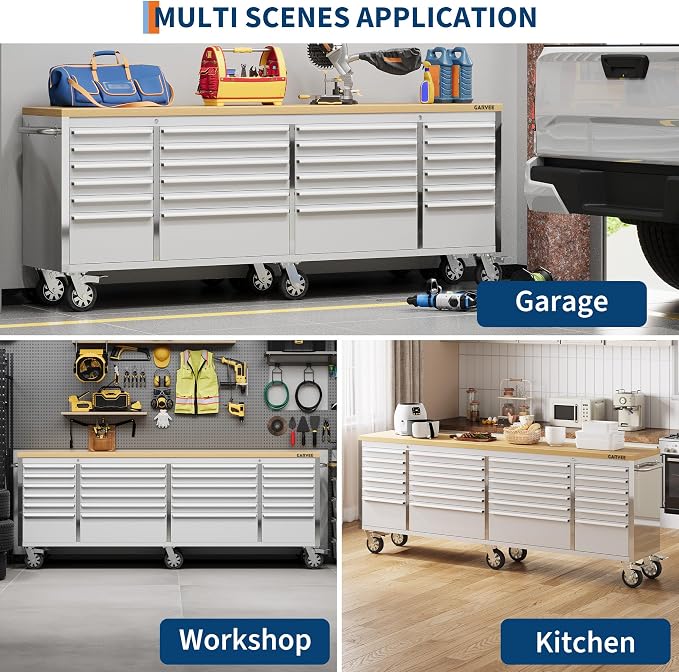 Garvee 96-Inch Heavy-Duty Rolling Tool Chest & Mobile Workbench with 24 Drawers, Rubber Wood Tabletop, Key Locking System, Drawer Liners and Wheels, Steel Storage Cabinet for Garage, Workshop