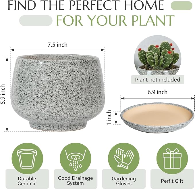 7.5 Inch Flower pots for Indoor Outdoor Plants with Saucer Drainage Leak-Proof Mesh, Ceramic Planter with Gardening Gloves for Succulent and Flower(Gray White)