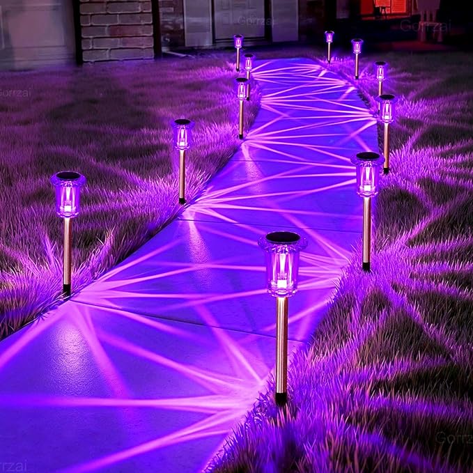 Halloween Solar Lights Outdoor 10 Pack Purple Solar Pathway Lights Outdoor Halloween Decorations Waterproof Yard Lighting for Driveway Garden Walkway Path Landscape Lawn