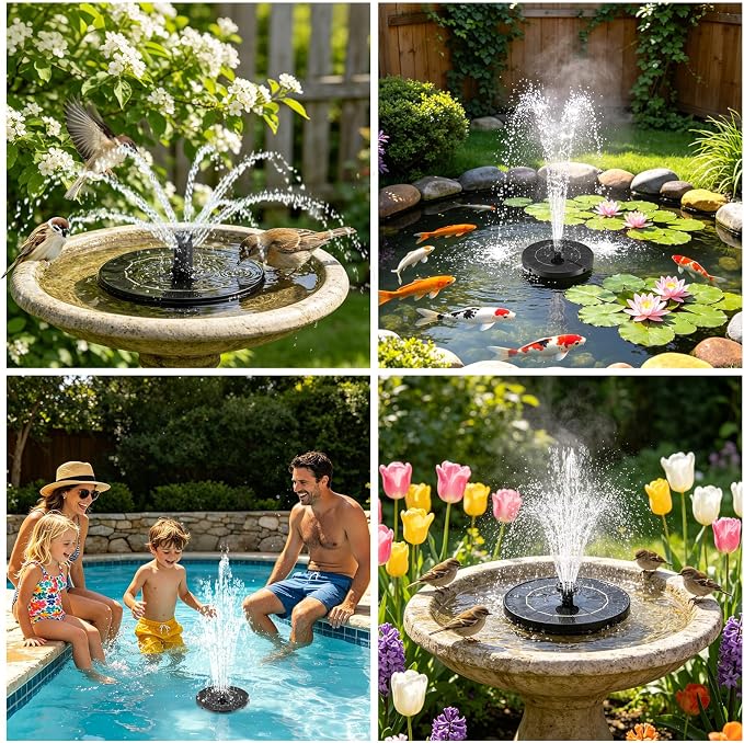 Solar Fountain for Bird Bath, 3.5W Floating Solar Water Fountain with 6 Spray Nozzles & 4 Fixing Rods, Upgraded Solar Water Fountain for Garden, Patio, Pond, Pool and Outdoor Water Features