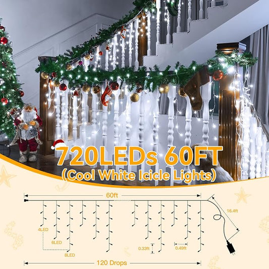 Ollny Icicle Lights for Outside 720LED 60FT, Cool White Christmas Lights with Remote 8 Modes Dimmable, Waterproof Connectable Timer Hanging Light for House Outdoor Yard Indoor Decorations