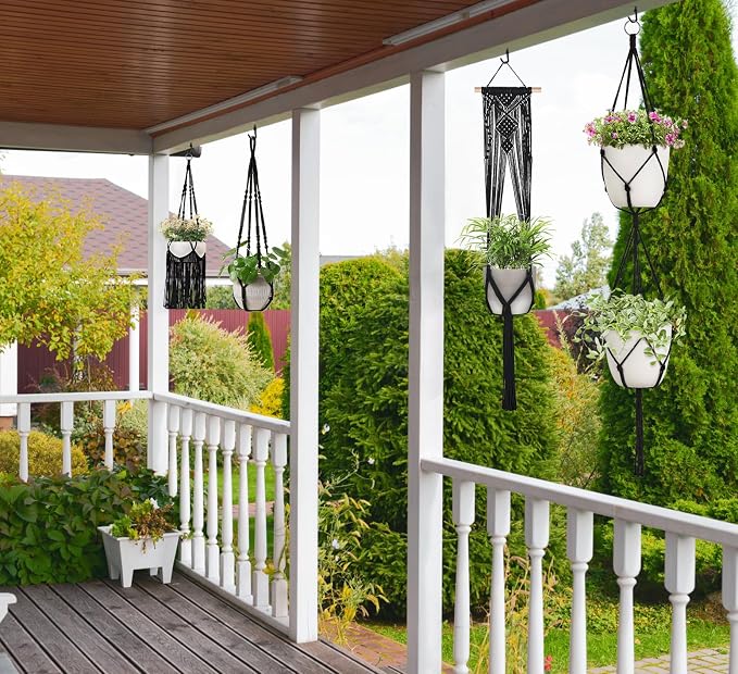 Mkono Macrame Plant Hangers, 5 Pack Different Tiers Indoor Hanging Planters Basket with 5 Hooks Decorative Flower Pots Holder Stand Boho Home Decor, Black