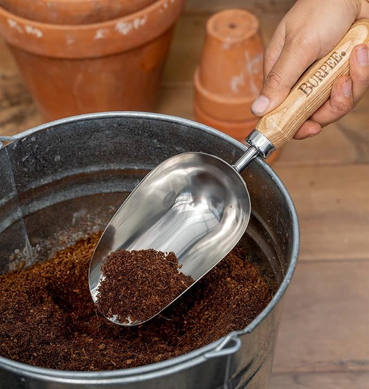 Burpee 15" Stainless Steel Soil Scoop | Durable Long Lasting Garden Tool | Leather Wrist Strap 5" Handle, Oak