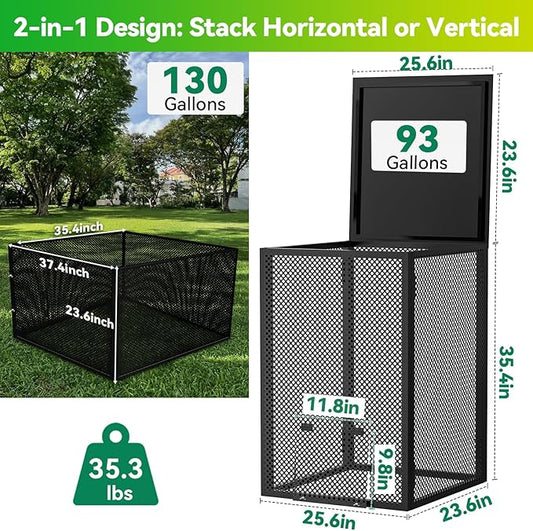 Compost Bin Outdoor with Lid - Large 93/130 Gal Composter 2-in-1 Design, Heavy-Duty Galvanized Steel Perforated Sheet with Rust-Proof Coating, Versatile Outdoor Fence, for Garden, Yard & Kitchen Waste