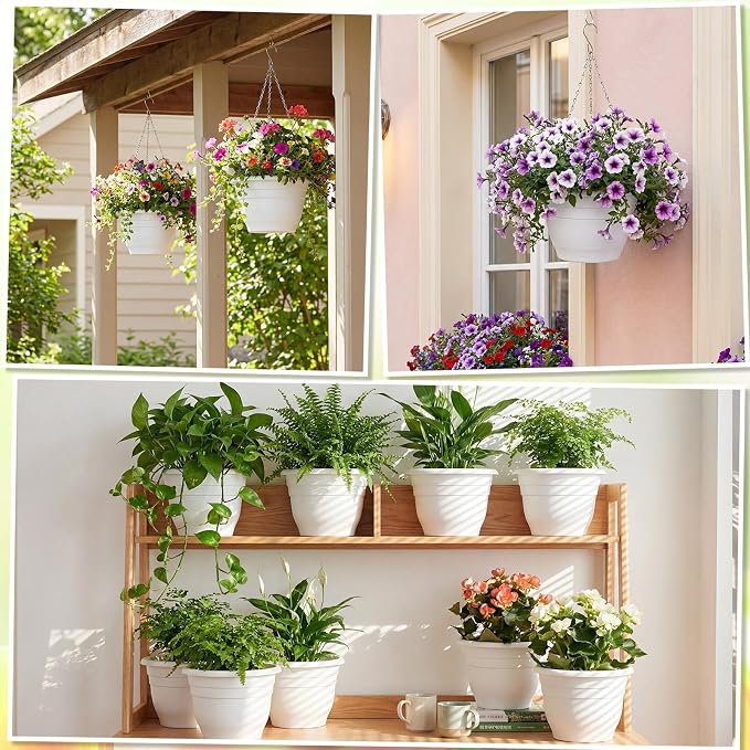 10 Pack 11 Inch Plastic Hanging Planter Bulk White Hanging Baskets for Plants with Drainage Trays Self Watering Plant Pot Outdoor Indoor Planter for Garden, Balcony, Porch, Patio Decor